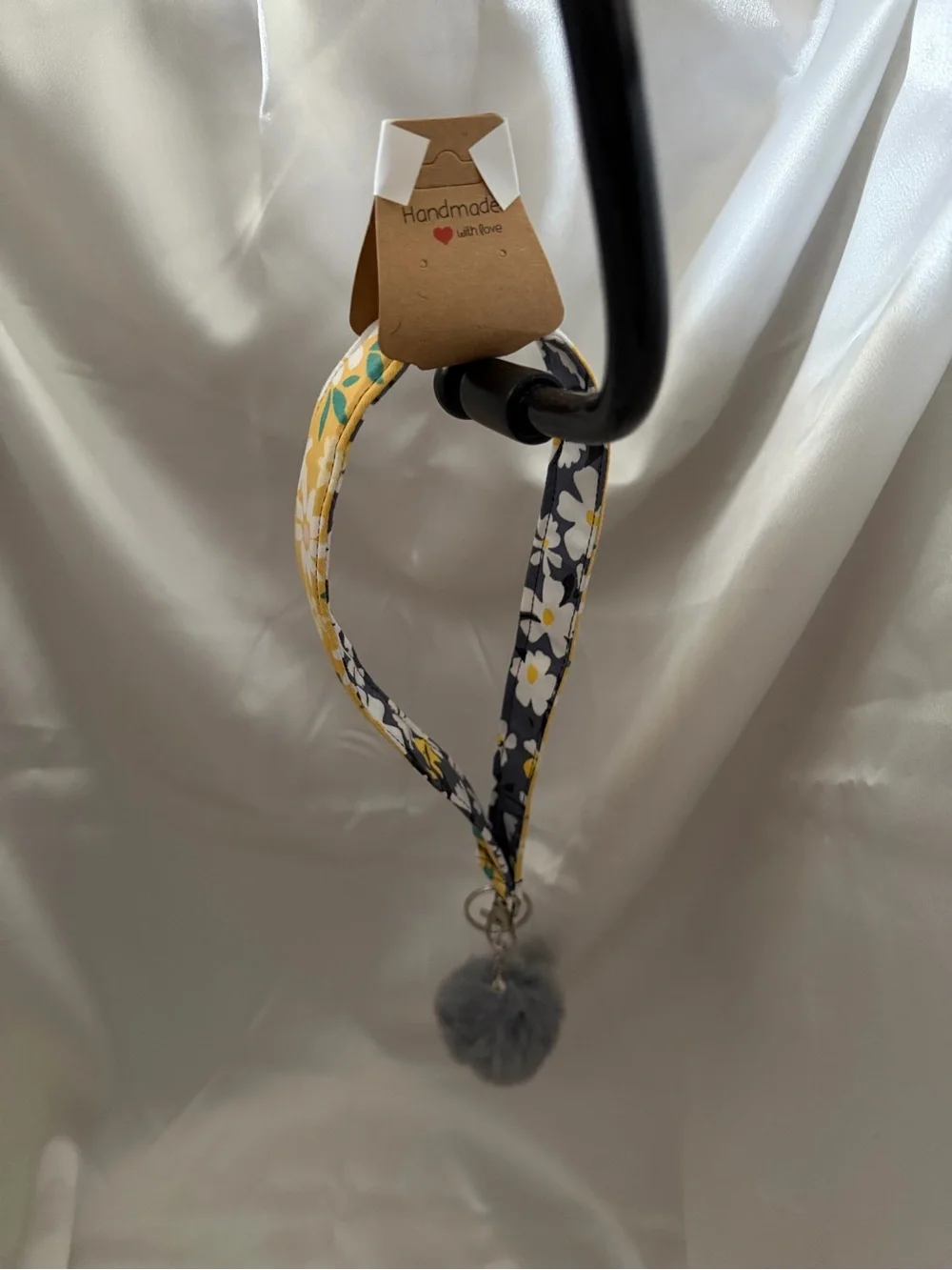 Handmade Yellow and Gray Floral Wristlet Keychain with Gray Pompom